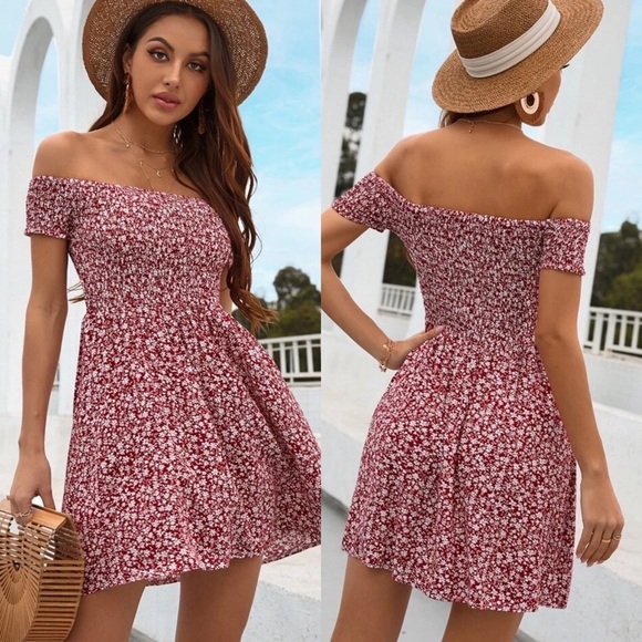 Shirred off the shoulder floral print dress boho gypsy blue - Picture 7 of 8